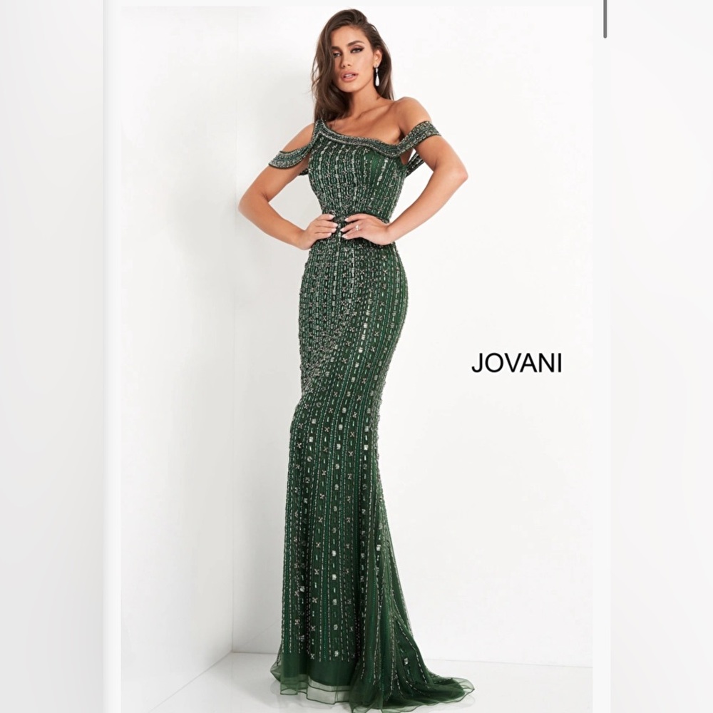 Jovani Emerald Beaded One Shoulder Evening Dress